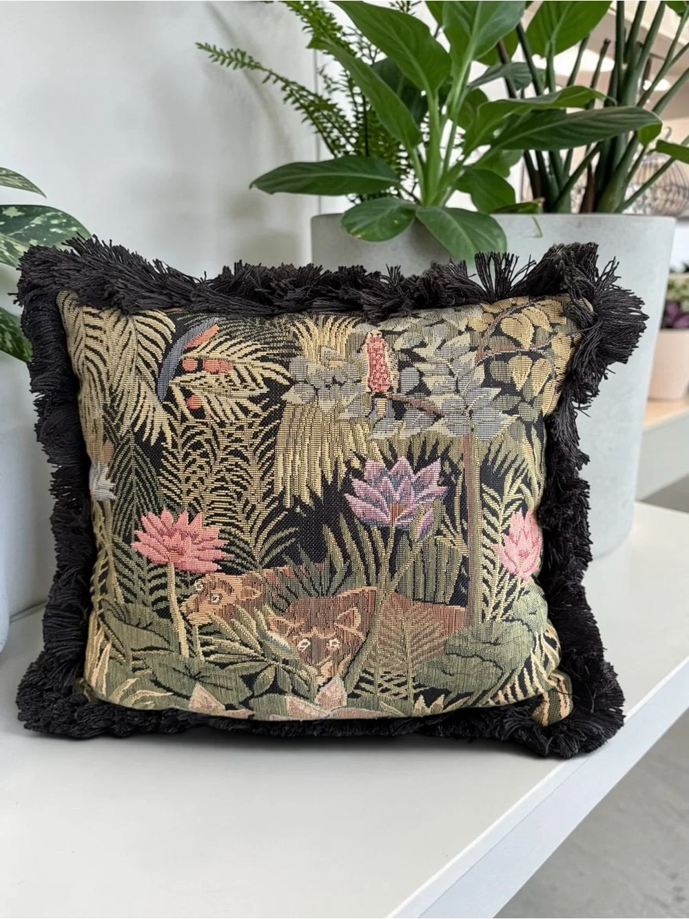 Vintage Black Floral and Animal Tapestry Accent Pillow